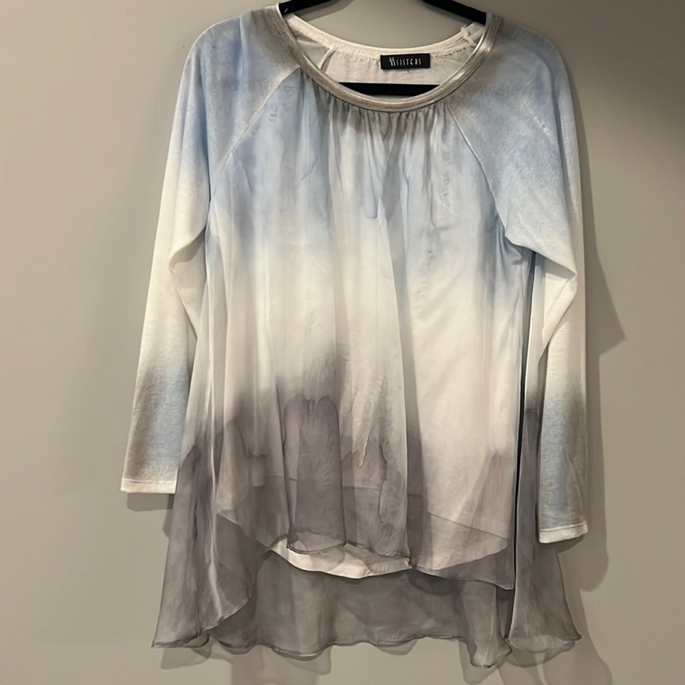 Beautiful tee shirt with sheer tie-dyed overlay. Polyester. Excellent condition